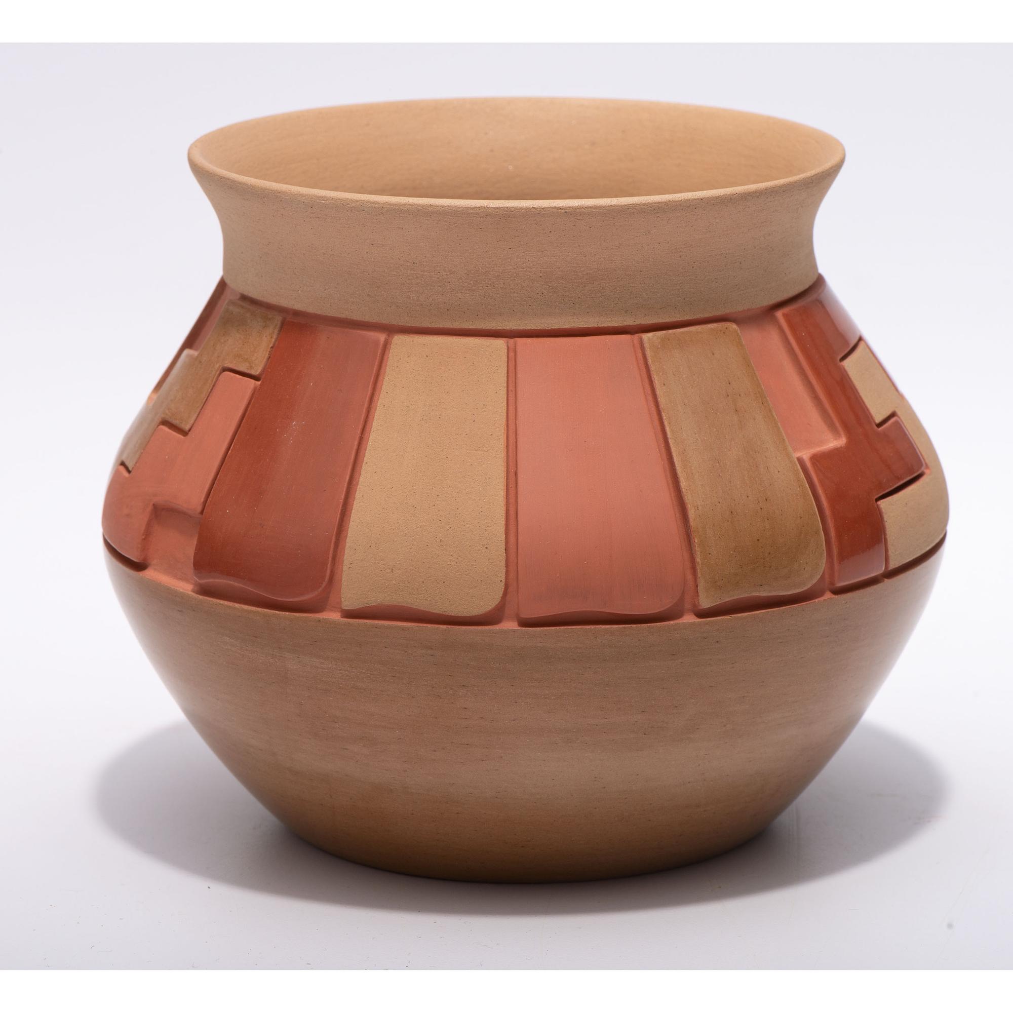 Carved Red and Tan Pottery Jar