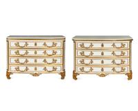 A Pair of Louis XIV Style Cream-Painted and Gilt Bronze Mounted Marble-Top Commodes
