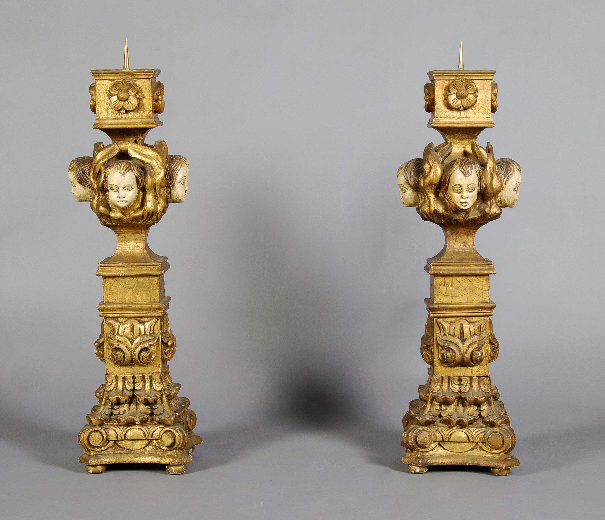A Pair of Italian Giltwood Pricket Sticks, Height 33 1/2 inches.