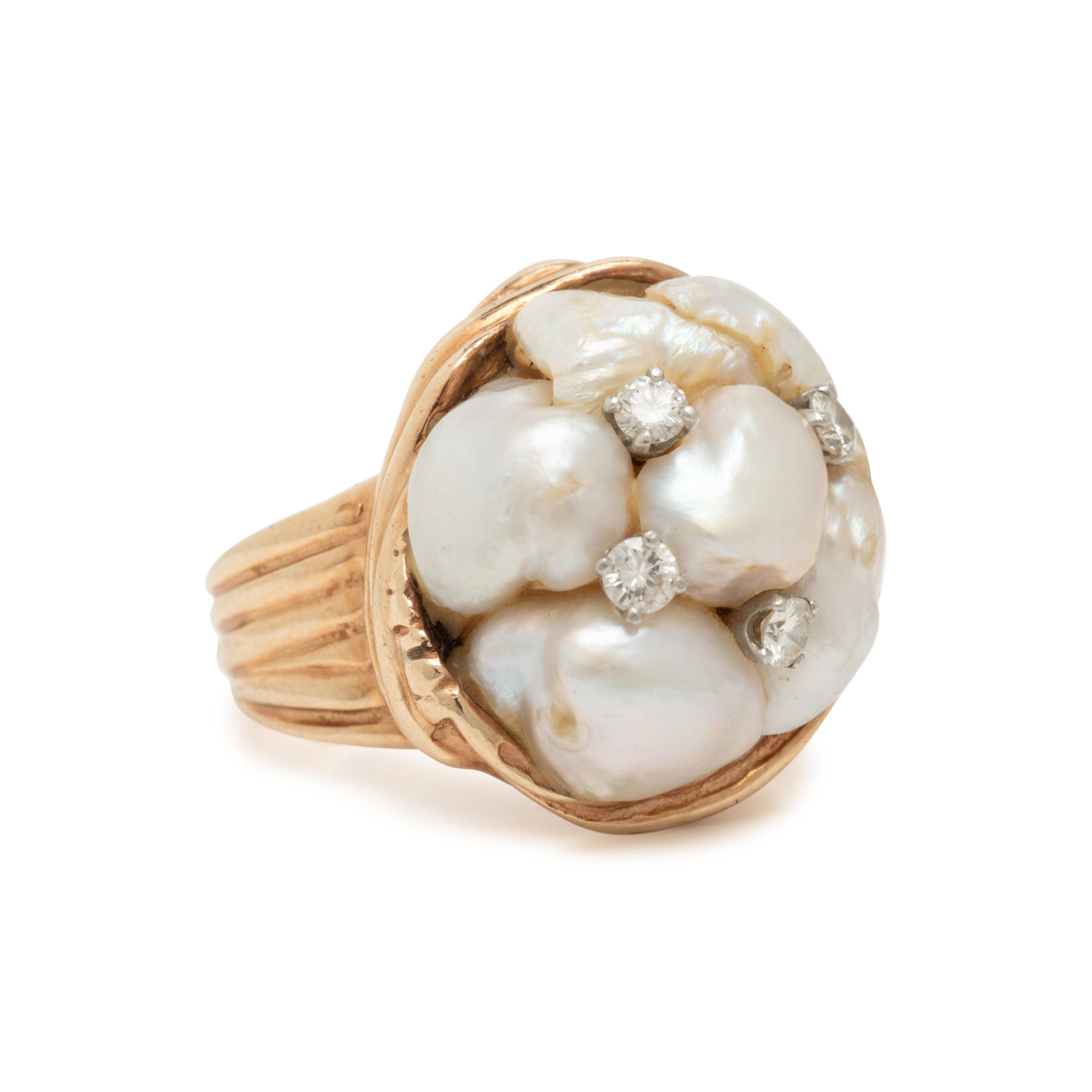 Ruser, Cultured Pearl, Diamond, and Yellow Gold Ring