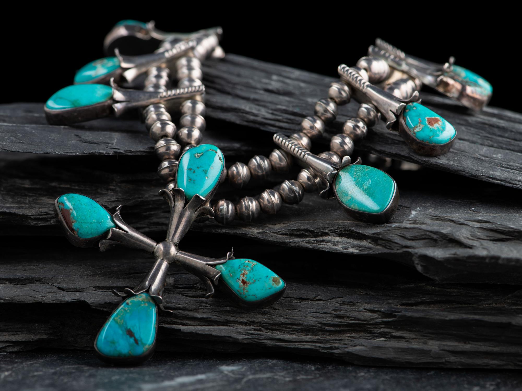 Navajo Silver and Turquoise Squash Blossom Necklacce, with Cross Naja