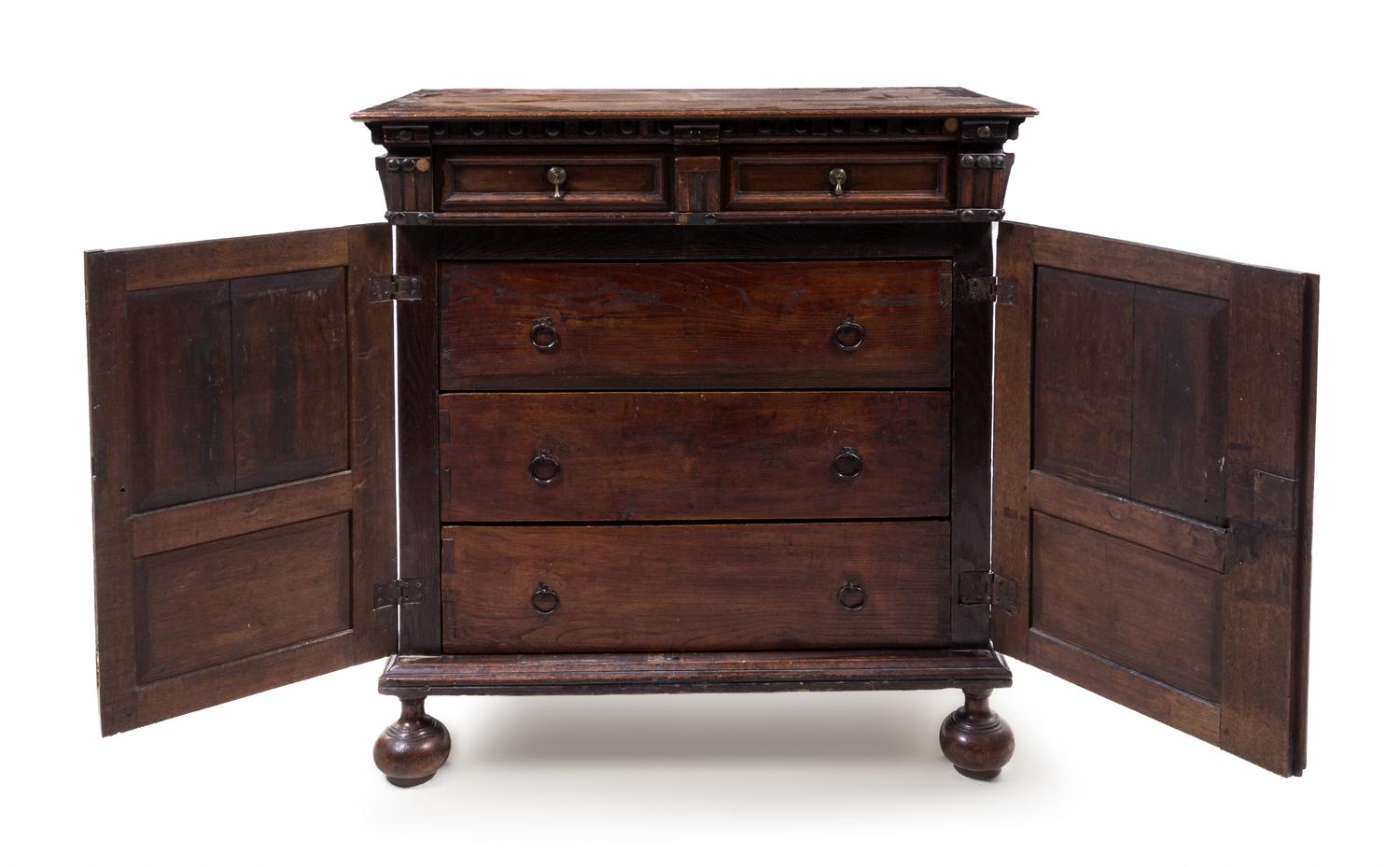 A Charles II Oak and Marquetry Cabinet Height 41 3/4 x width 39 3/4 x depth 24 inches. — ENGLISH, CIRCA 1650-1665