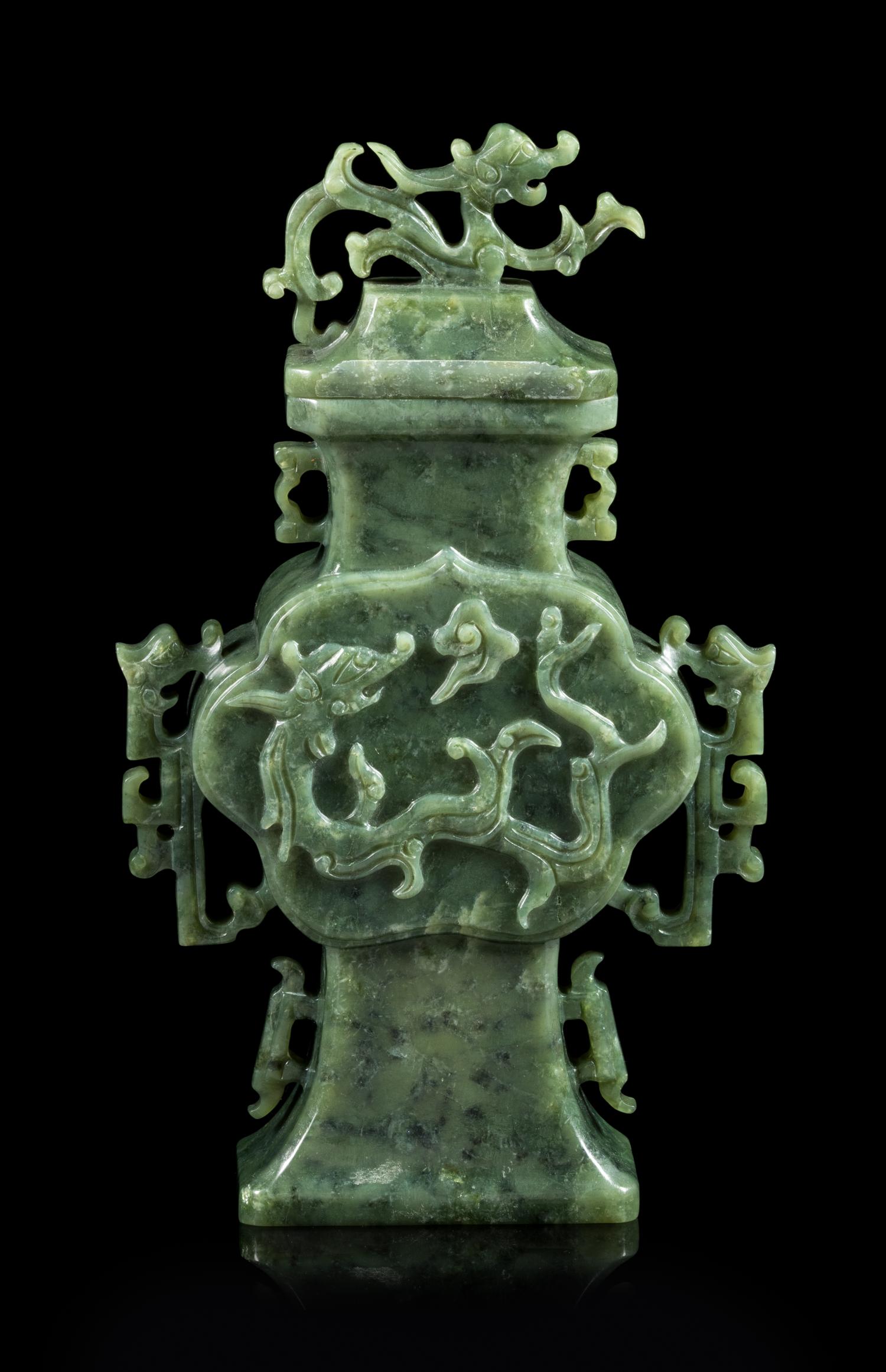 A Spinach Jade 'Chilong' Covered Vase Height 12 inches. — EARLY 20TH CENTURY