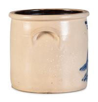 A Cobalt Decorated Stoneware 3-Gallon Quail and Flower Crock
