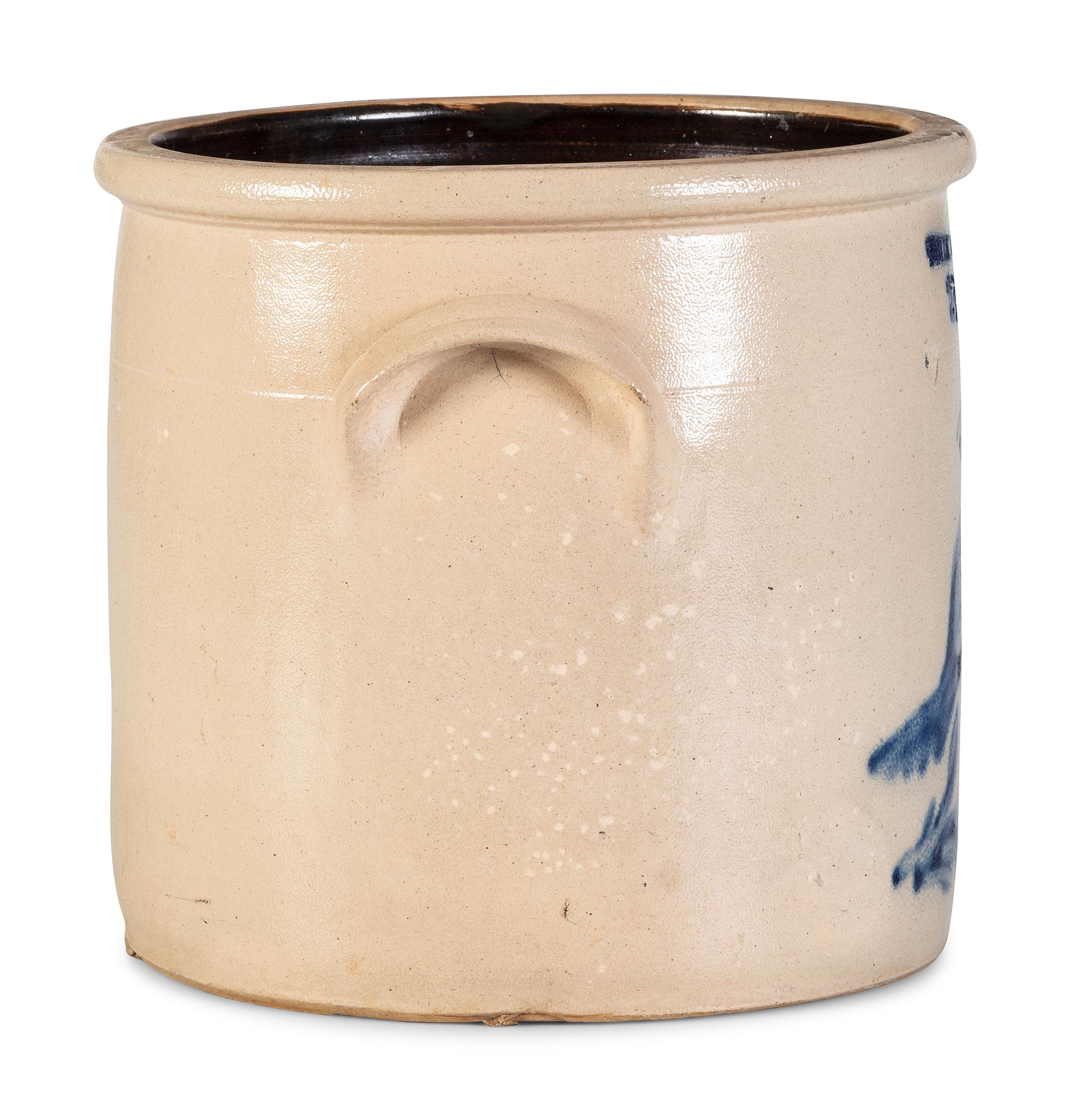 A Cobalt Decorated Stoneware 3-Gallon Quail and Flower Crock