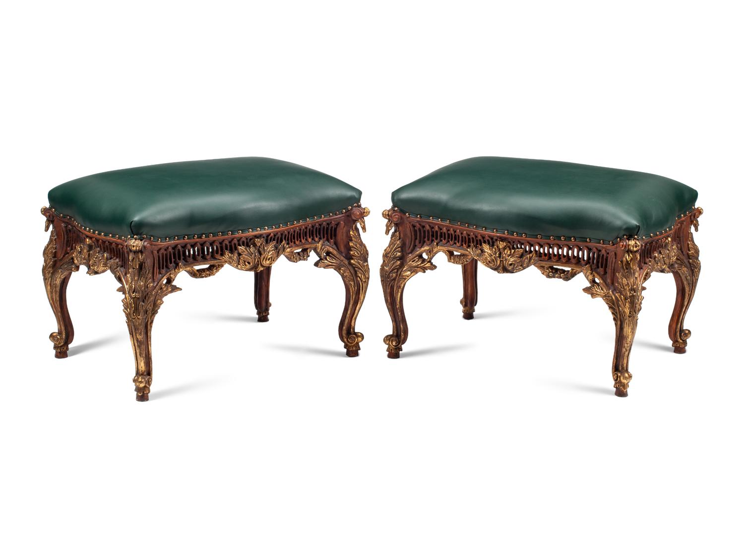 A Pair of Régence Style Painted and Parcel Gilt Stools