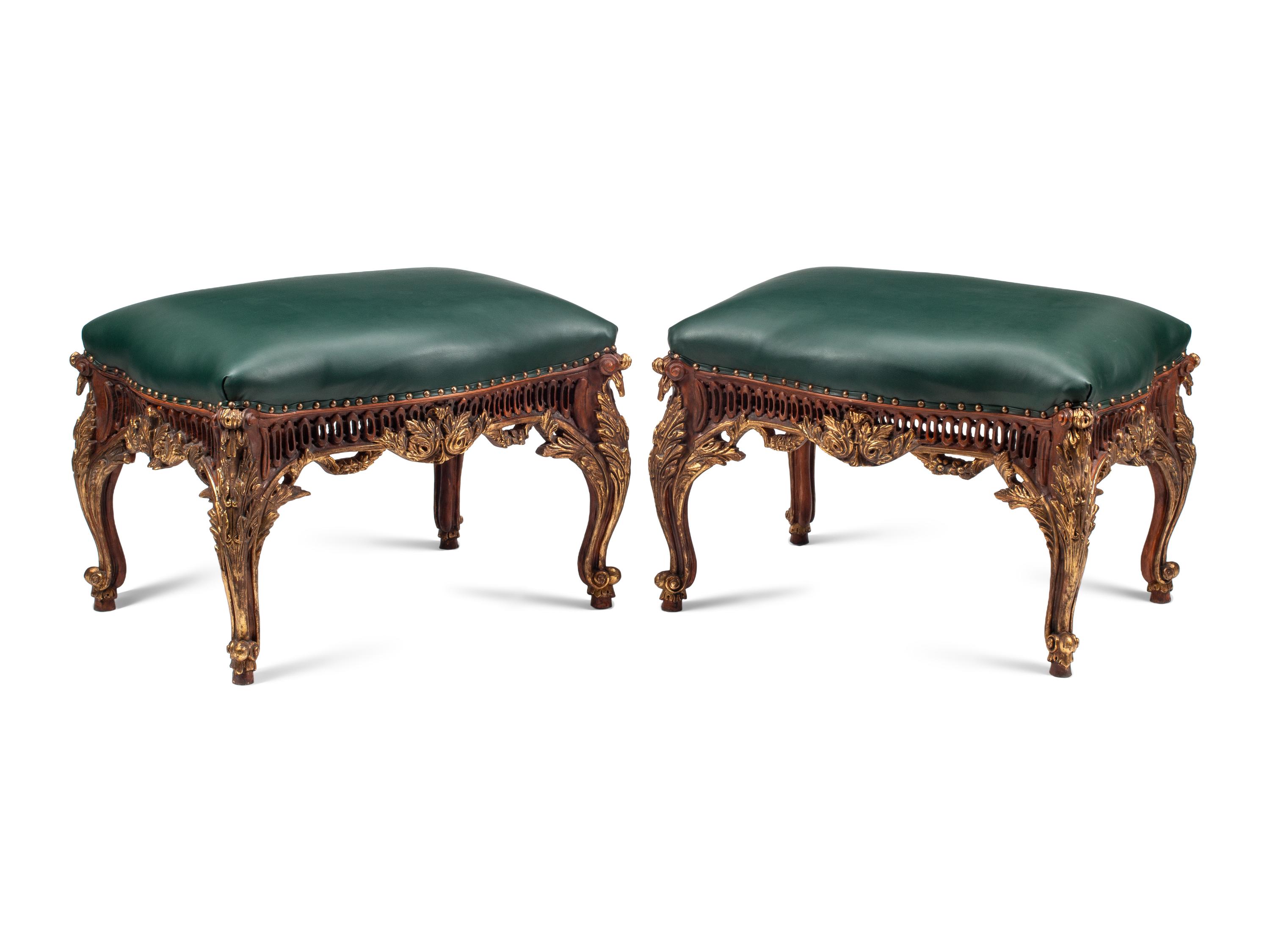 A Pair of Régence Style Painted and Parcel Gilt Stools