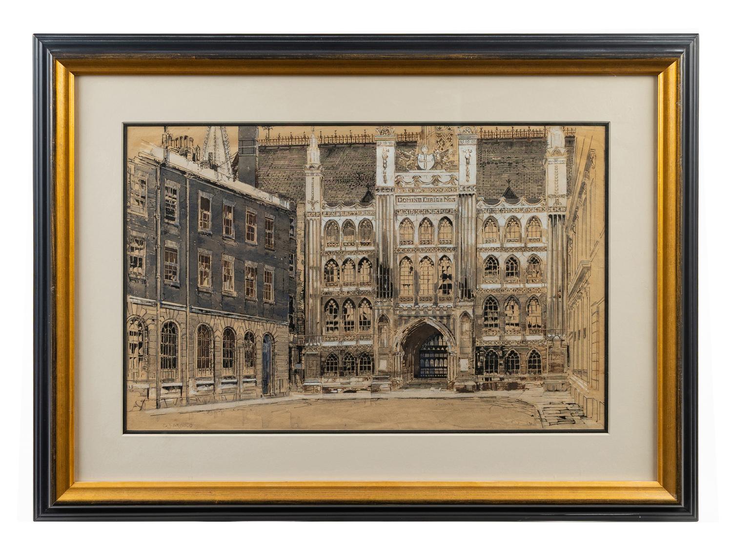Two Ink and Gouache Illustrations of Architectural Views