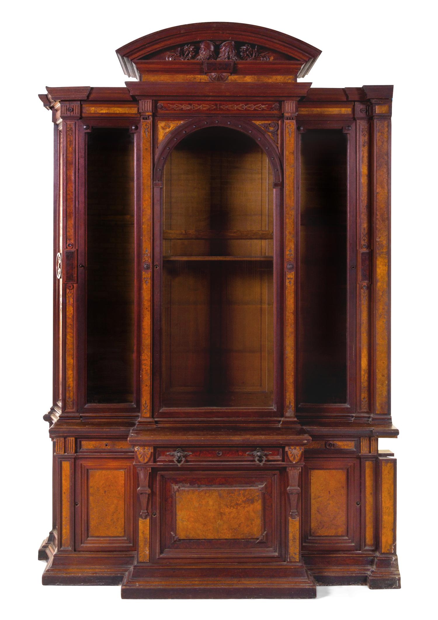 A Pair of Victorian Mahogany and Burlwood Breakfront Bookcases