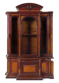 A Pair of Victorian Mahogany and Burlwood Breakfront Bookcases