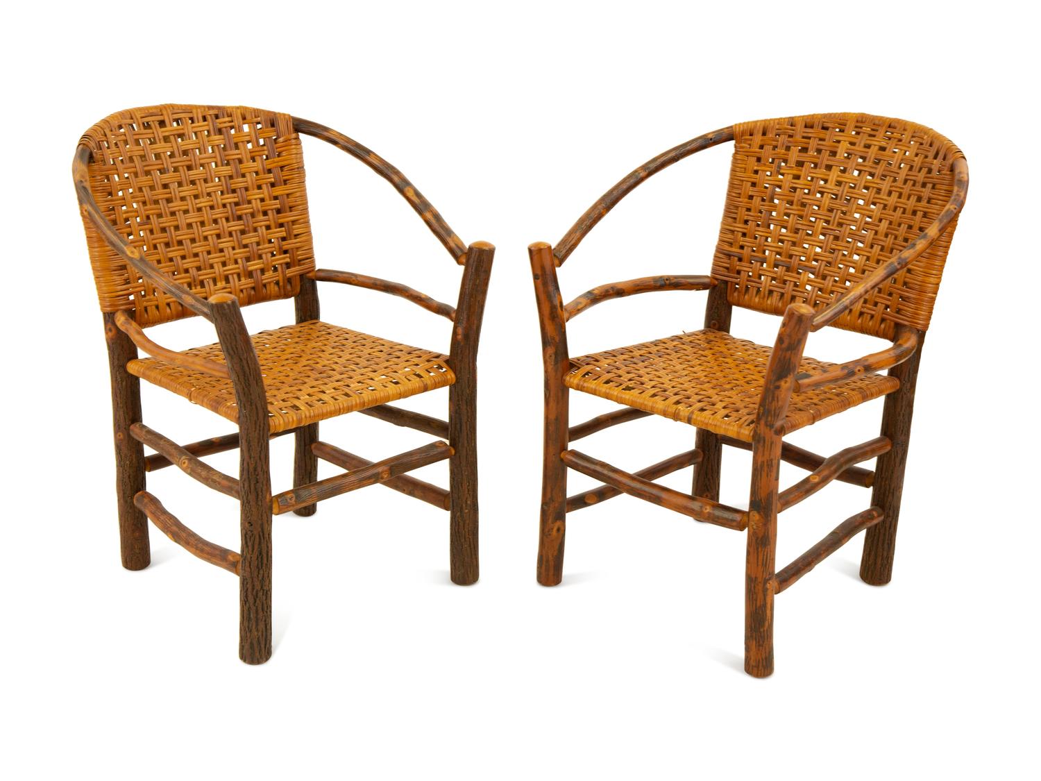A Pair of Naturalistic Wood and Rattan Barrel Back Armchairs — 20th Century