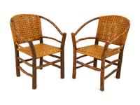 A Pair of Naturalistic Wood and Rattan Barrel Back Armchairs — 20th Century