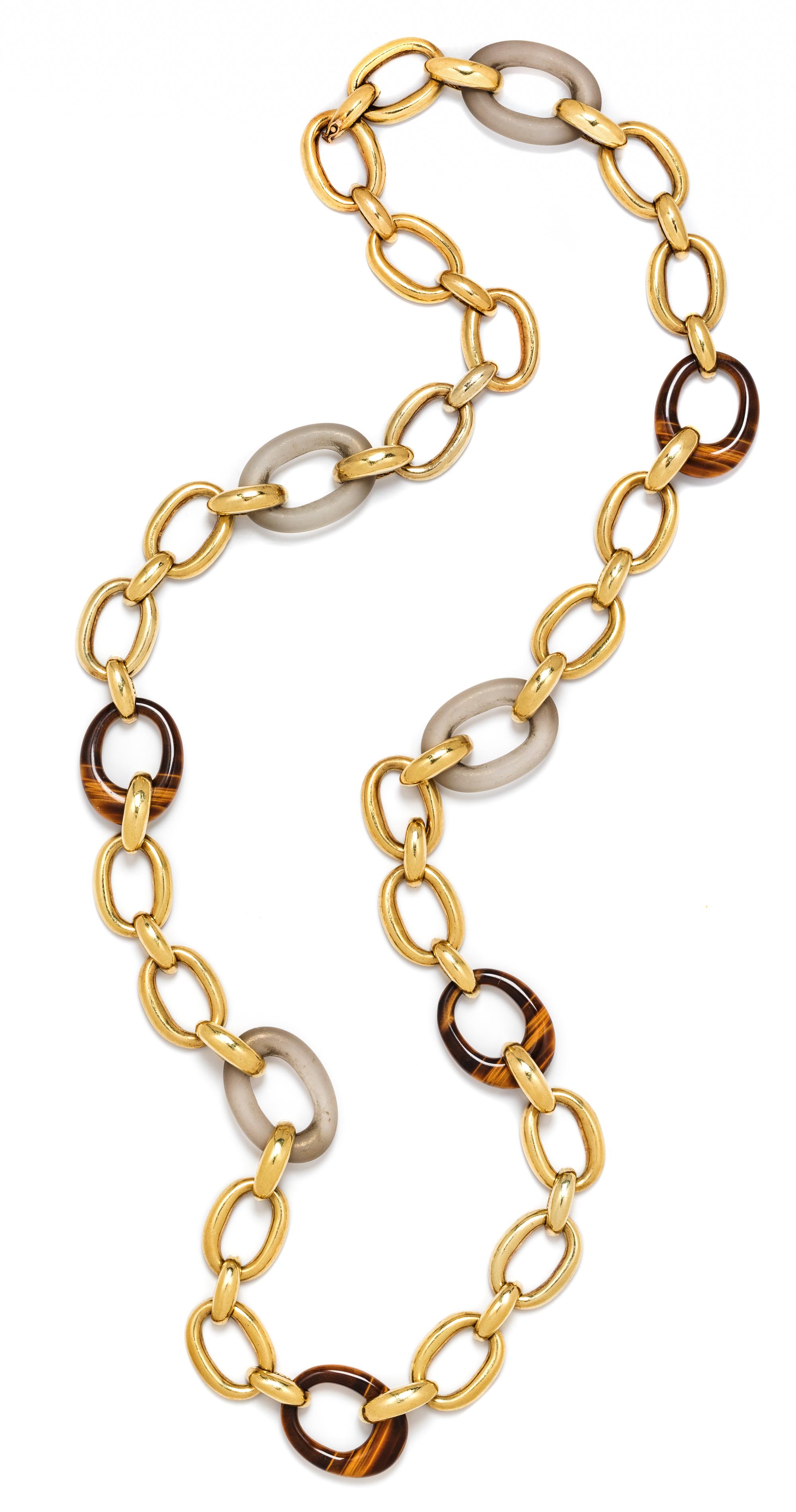 A Yellow Gold, Tiger's Eye and Rock Crystal Longchain Necklace, 134.00 dwts.