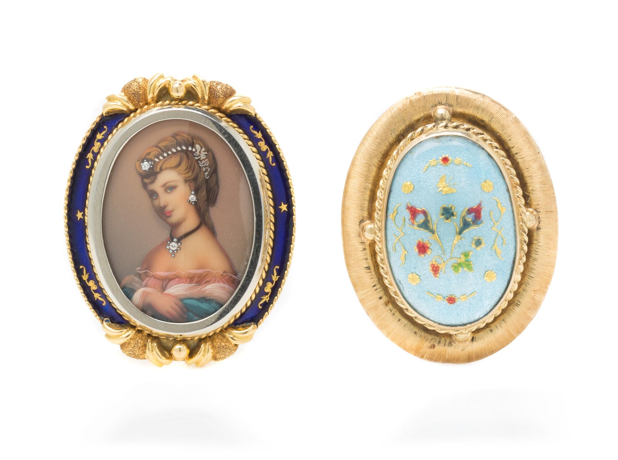 A Collection of Yellow Gold and Enamel Pendant/Brooches, 24.90 dwts.
