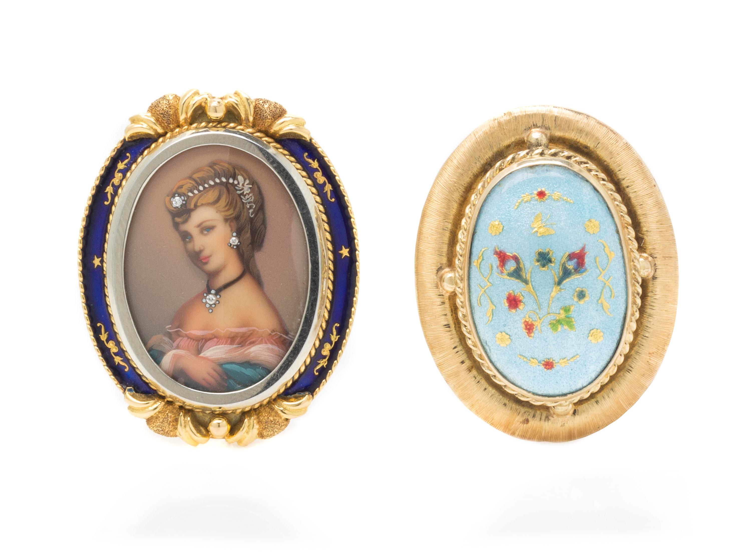 A Collection of Yellow Gold and Enamel Pendant/Brooches, 24.90 dwts.
