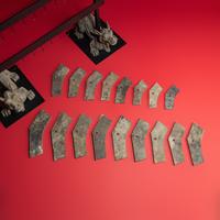 A Rare Chinese Painted Earthenware Chimera and Chimes Set, Qing and Bixie, Western Han Dynasty — 西漢 灰陶編磬一組連辟邪座
