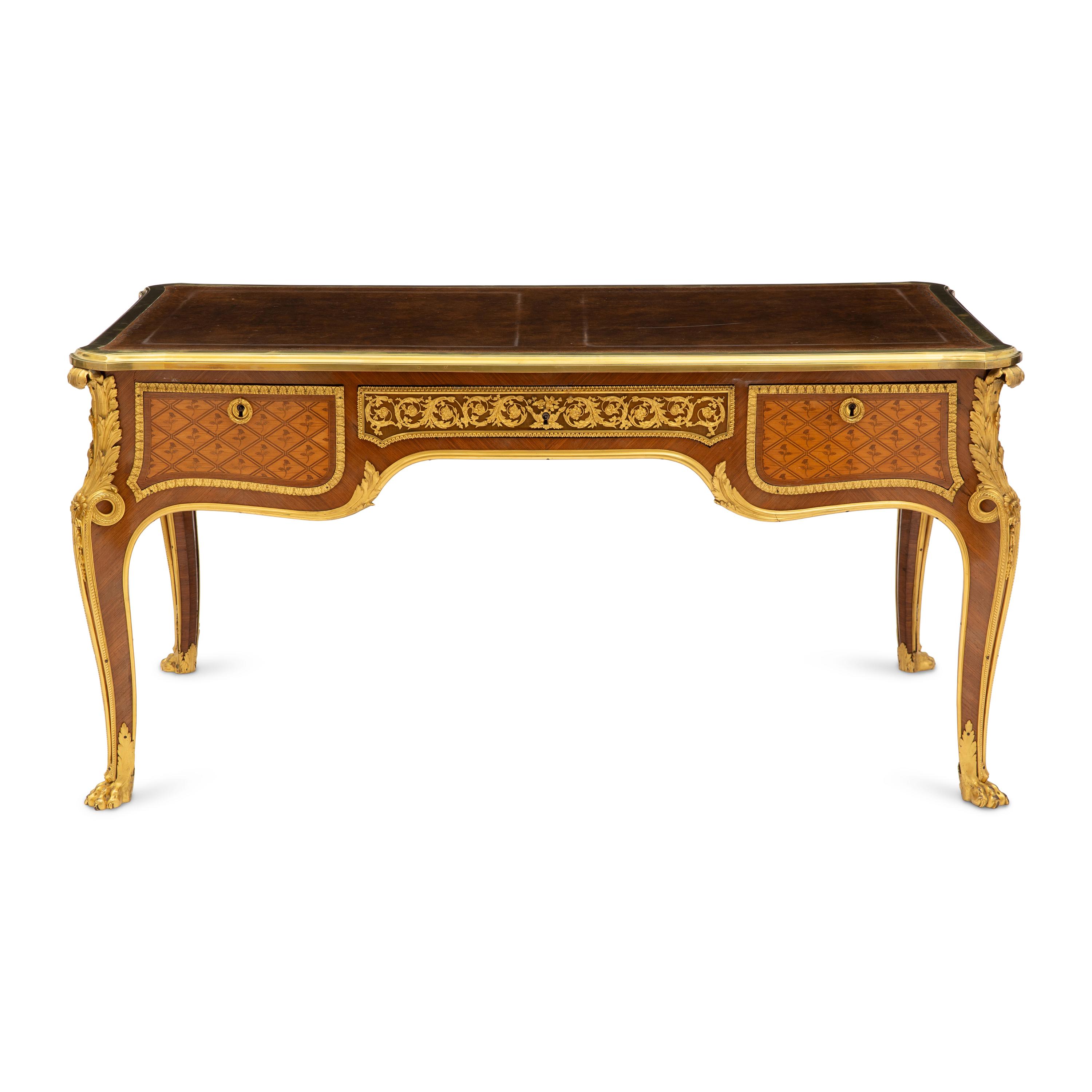 A Louis XVI Style Marquetry and Gilt Bronze Mounted Bureau Plat