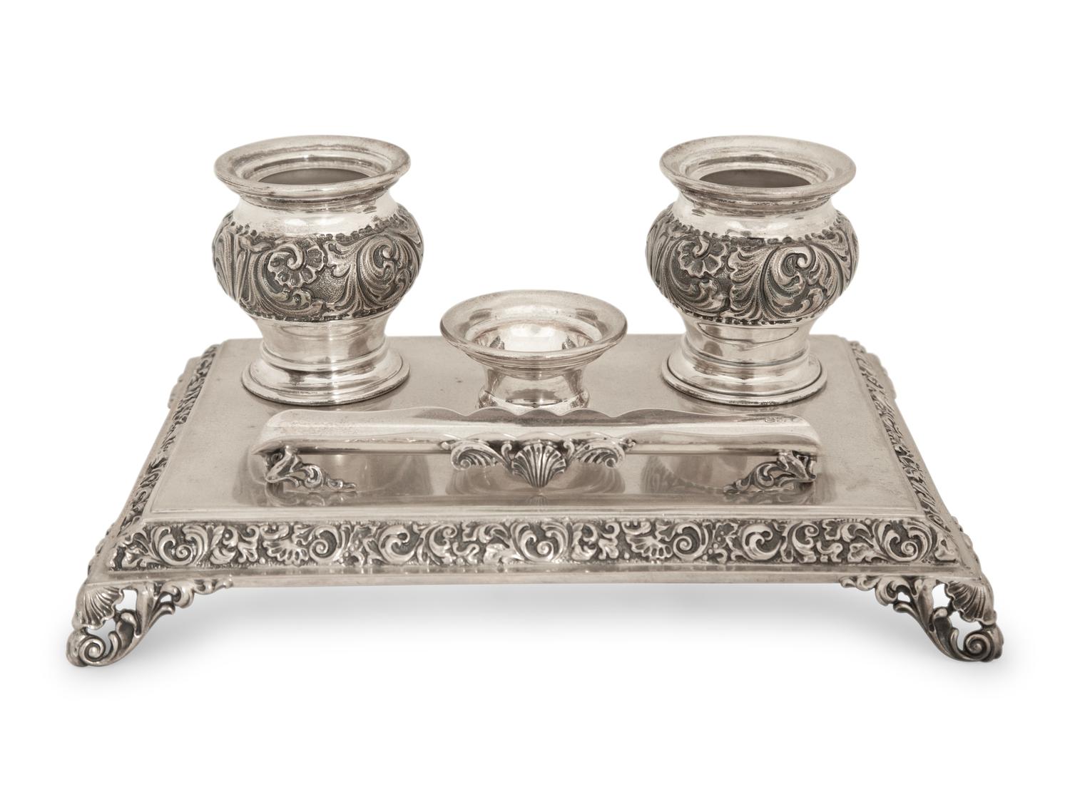 An Italian Silver Standish and a Silver Capped Inkwell — 20th Century