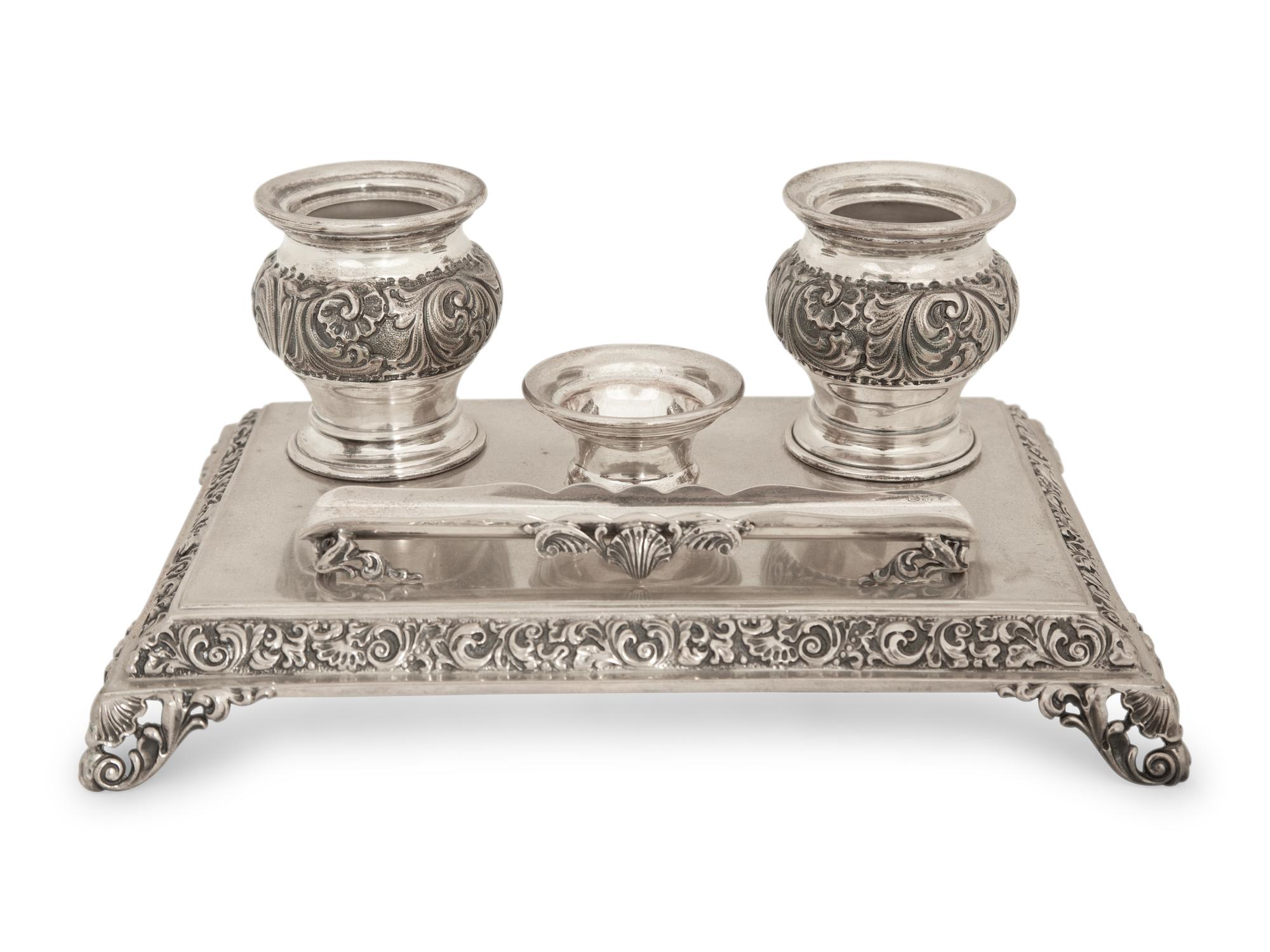 An Italian Silver Standish and a Silver Capped Inkwell — 20th Century