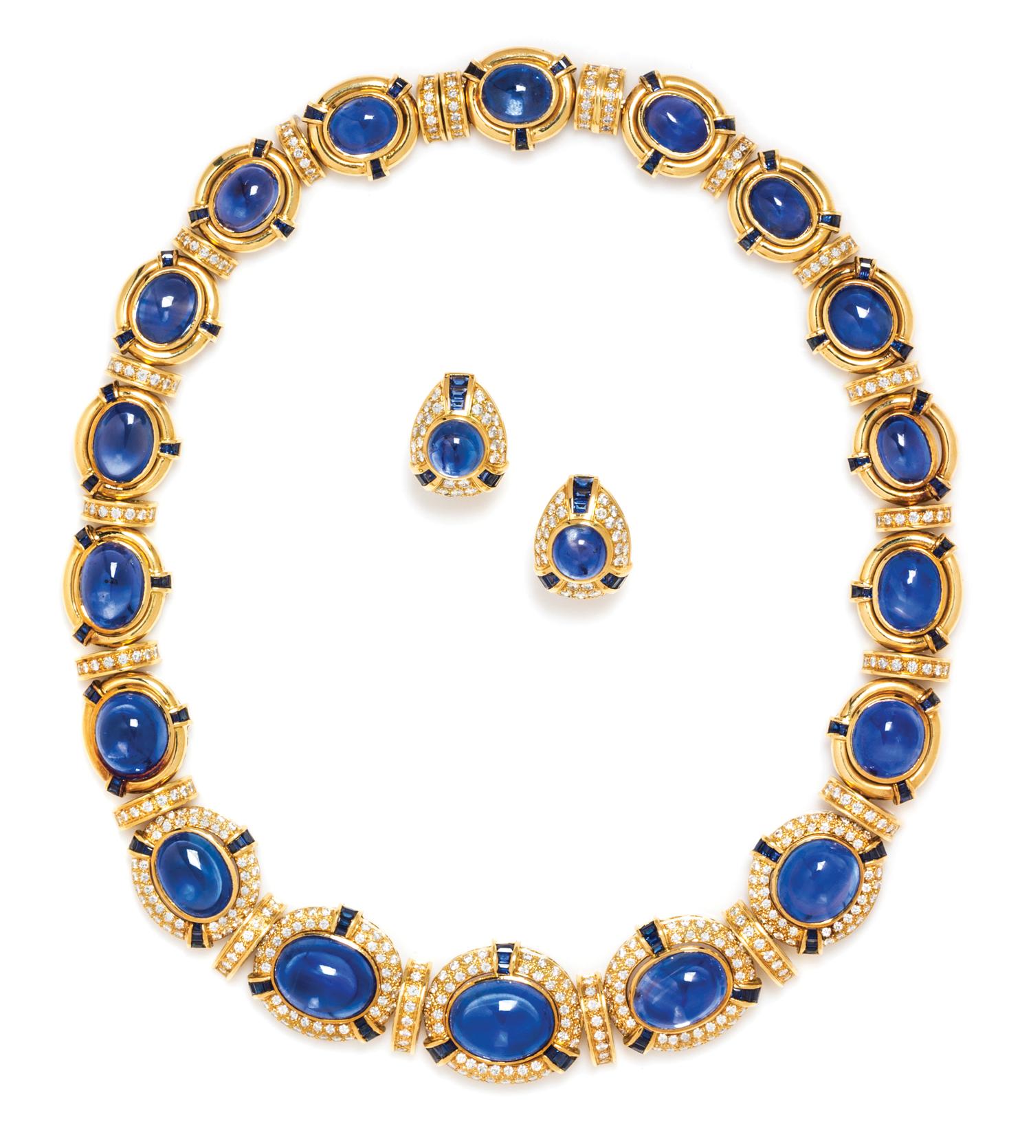A Fine 18 Karat Yellow Gold, Sapphire and Diamond Demi Parure, 129.70 dwts.
