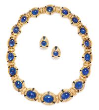 A Fine 18 Karat Yellow Gold, Sapphire and Diamond Demi Parure, 129.70 dwts.