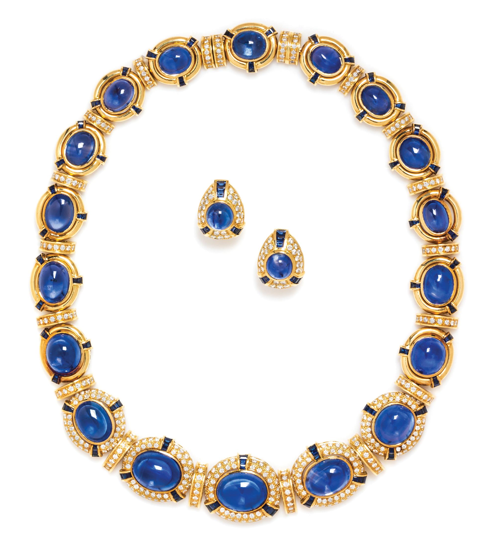A Fine 18 Karat Yellow Gold, Sapphire and Diamond Demi Parure, 129.70 dwts.