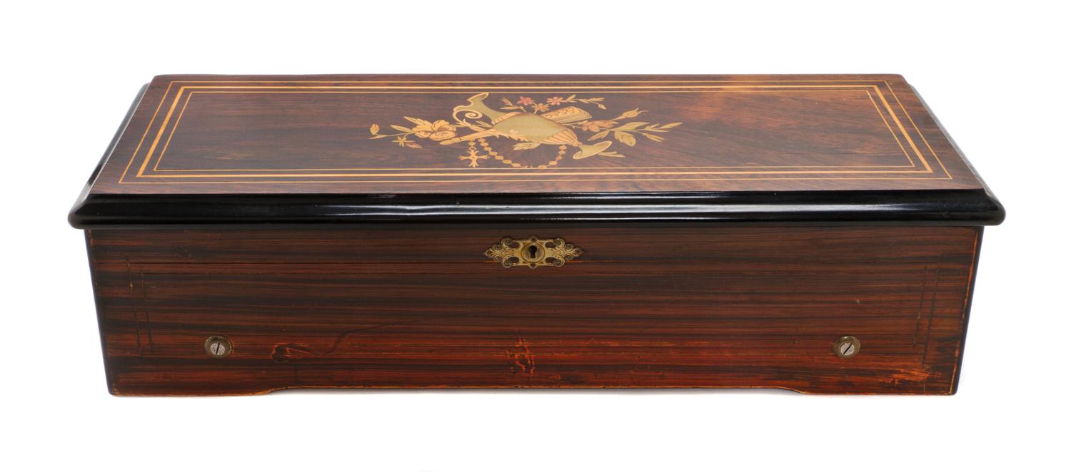 A Swiss Marquetry Cylinder Music Box, Height 6 x width 22 1/2 x depth 9 inches.