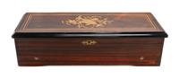 A Swiss Marquetry Cylinder Music Box, Height 6 x width 22 1/2 x depth 9 inches.