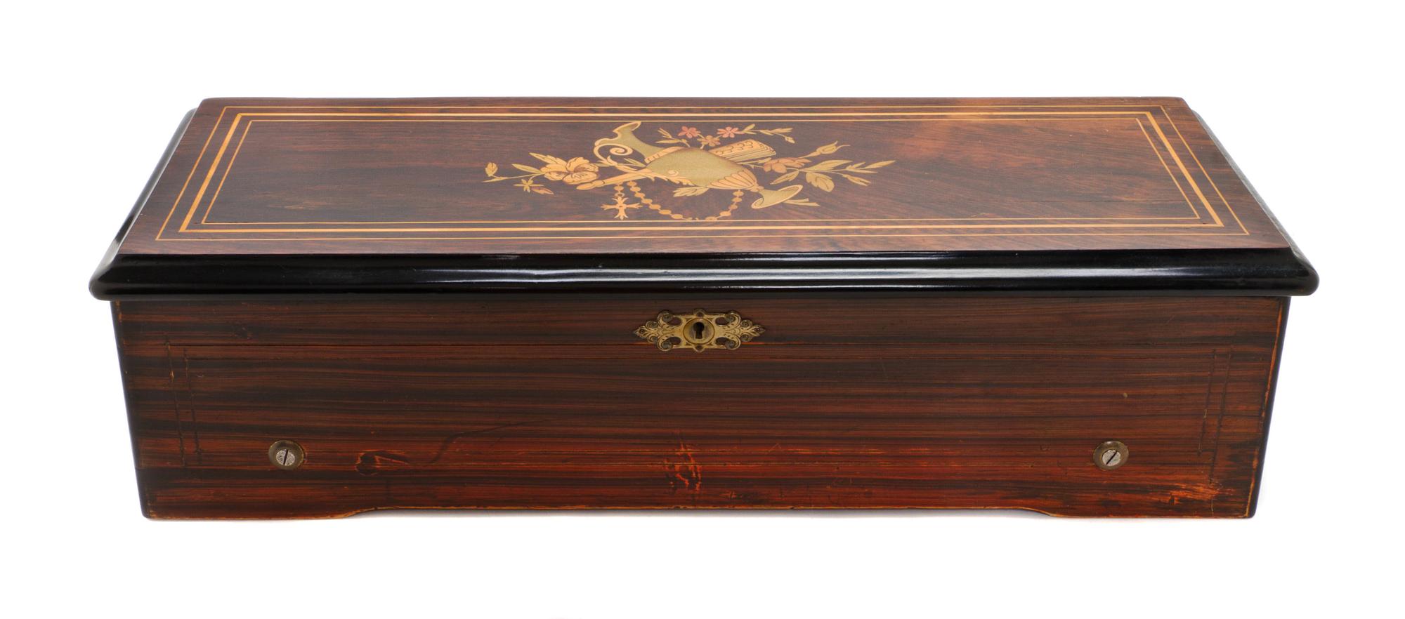 A Swiss Marquetry Cylinder Music Box, Height 6 x width 22 1/2 x depth 9 inches.