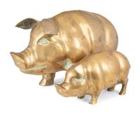 Two Brass Pig Sculptures