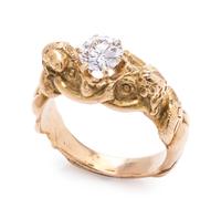 A 14 Karat Yellow Gold and Diamond Figural Ring,