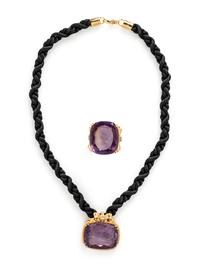 YELLOW GOLD, INTAGLIO AMETHYST, AND DIAMOND NECKLACE AND RING