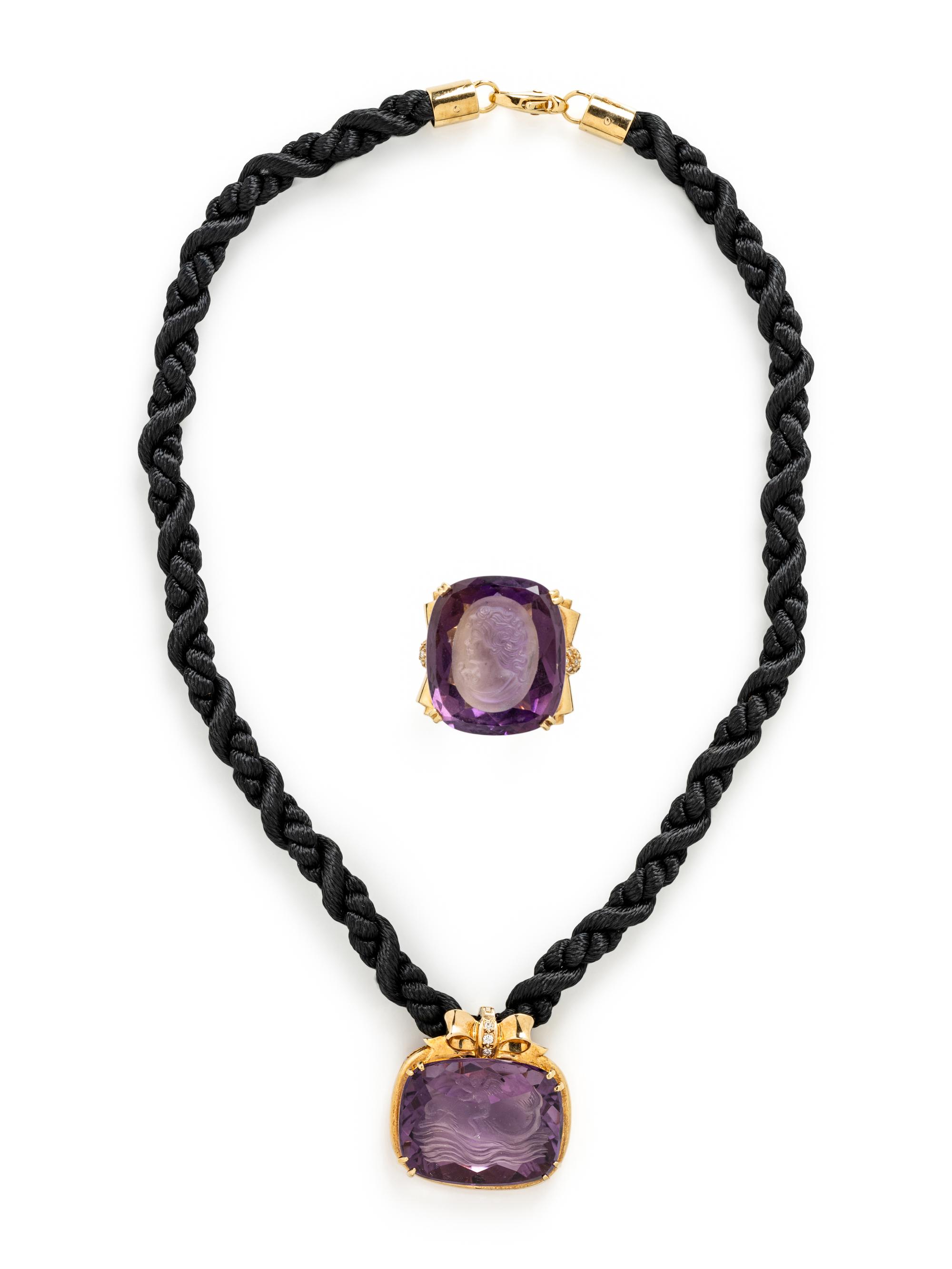 YELLOW GOLD, INTAGLIO AMETHYST, AND DIAMOND NECKLACE AND RING
