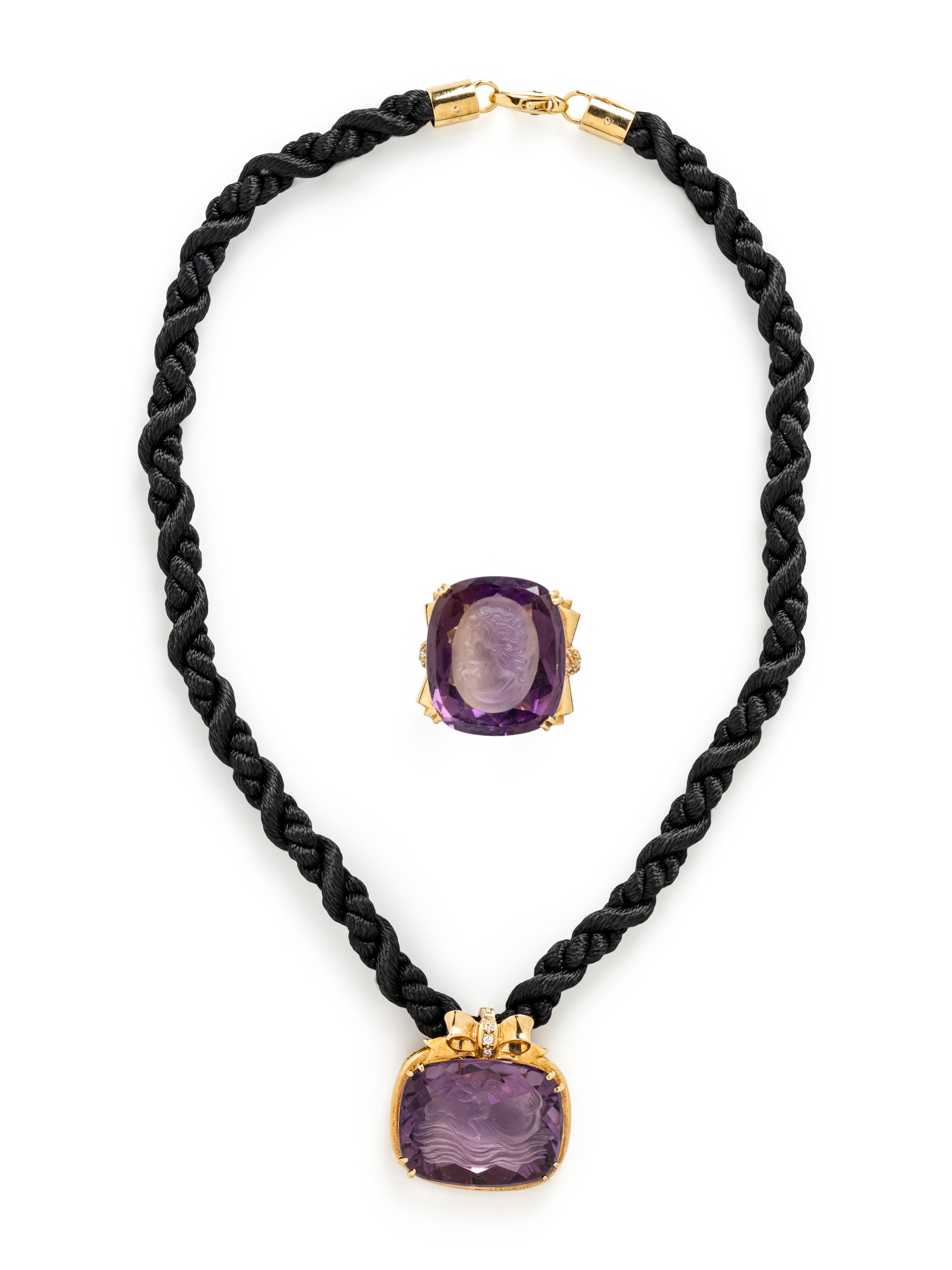 YELLOW GOLD, INTAGLIO AMETHYST, AND DIAMOND NECKLACE AND RING