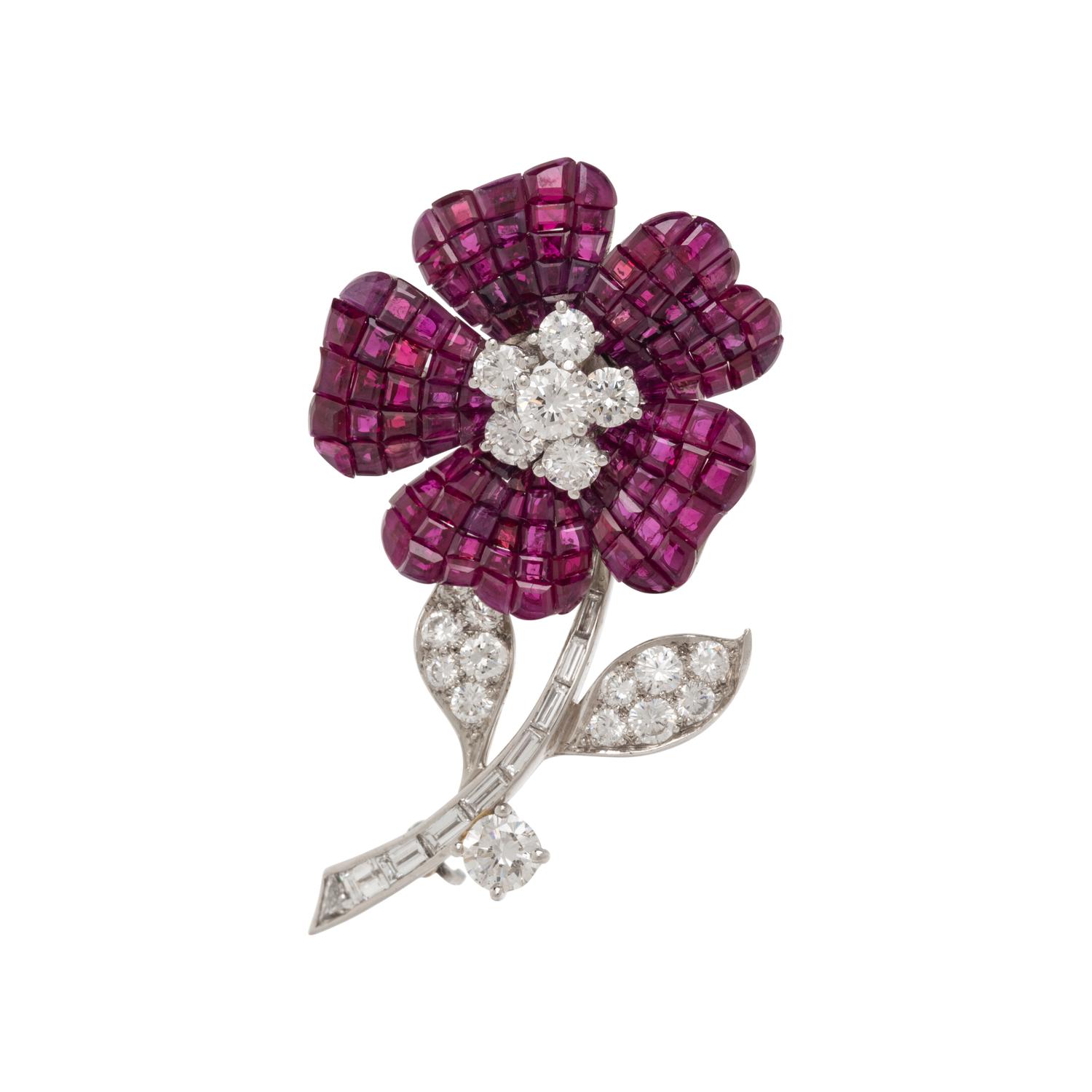 VAN CLEEF & ARPELS, RUBY AND DIAMOND ‘MYSTERY SET’ FLOWER BROOCH