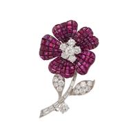 VAN CLEEF & ARPELS, RUBY AND DIAMOND ‘MYSTERY SET’ FLOWER BROOCH