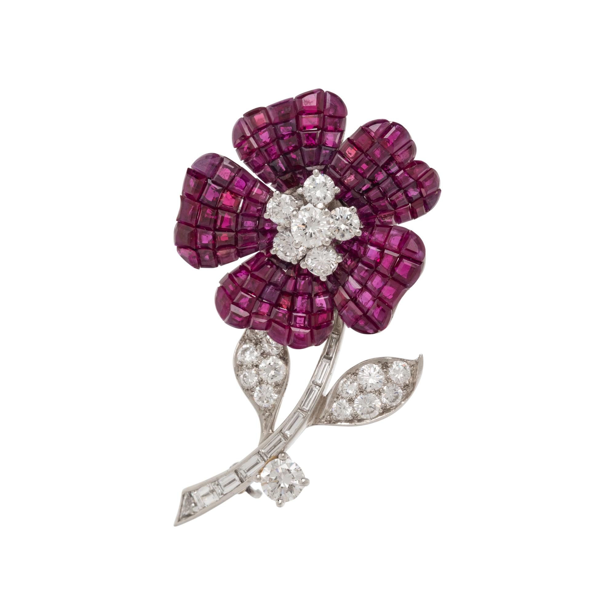 VAN CLEEF & ARPELS, RUBY AND DIAMOND ‘MYSTERY SET’ FLOWER BROOCH