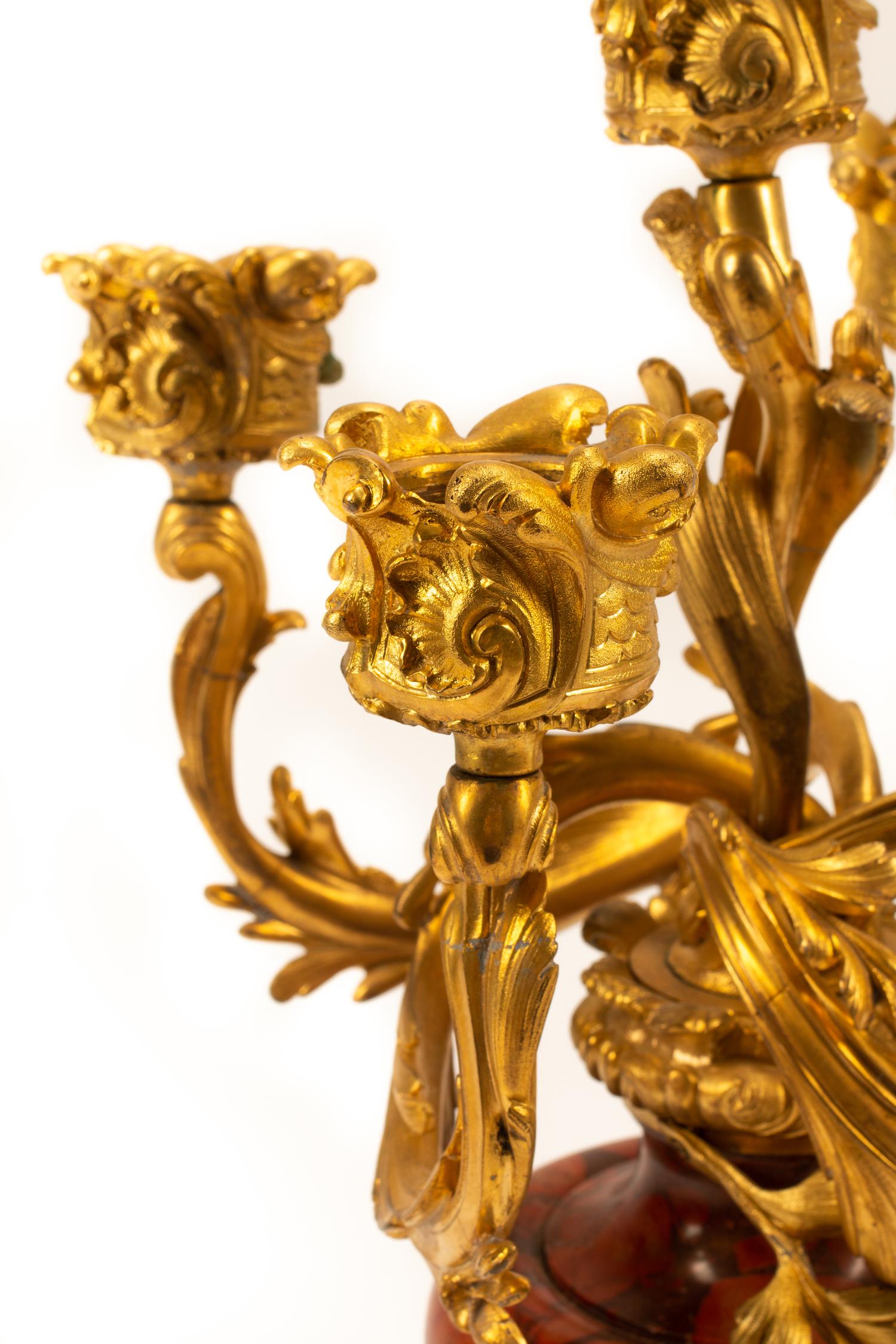 A Pair of Louis XV Style Gilt Bronze and Marble Candelabra