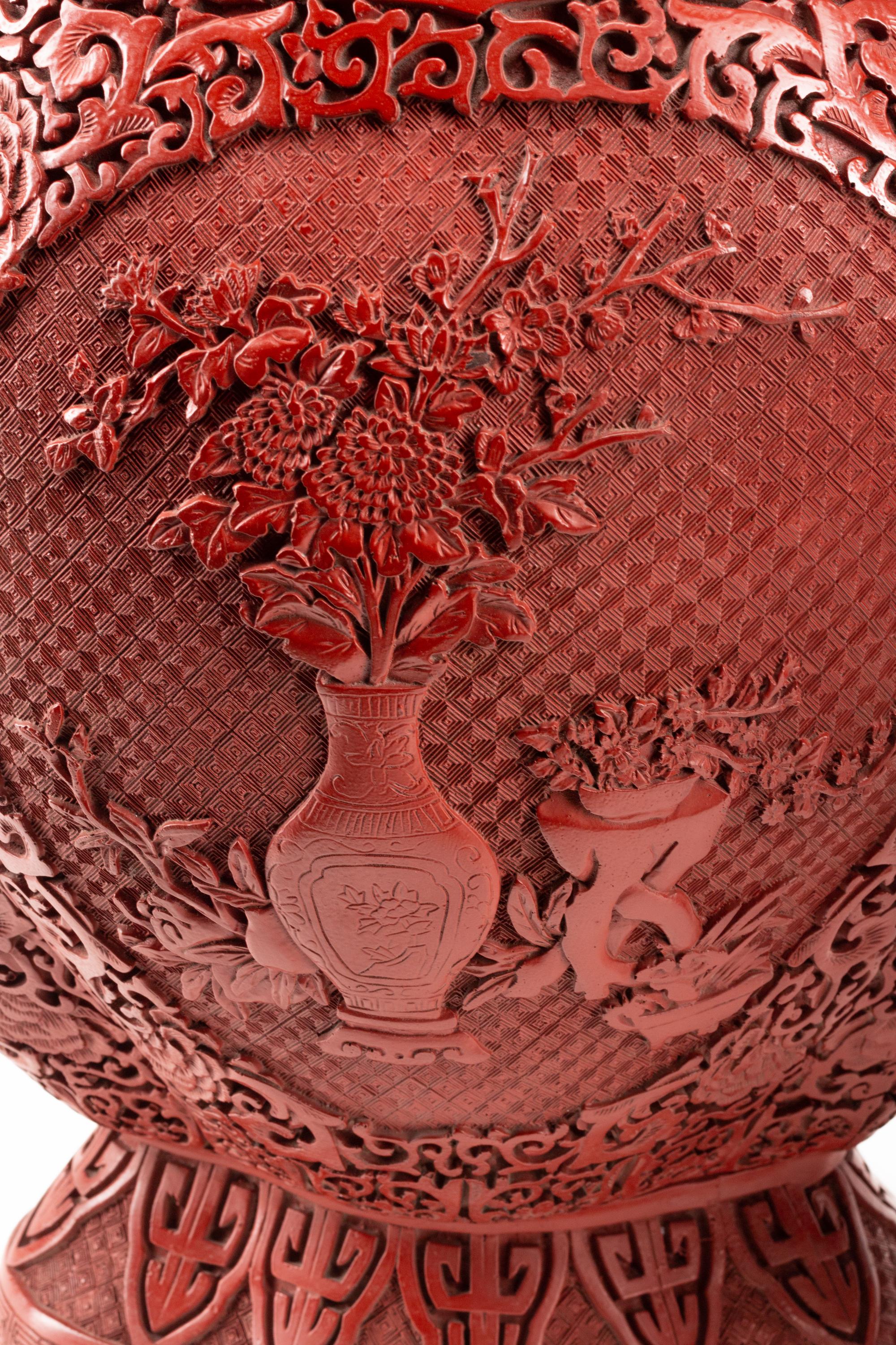 A Pair of Chinese Export Carved Red Lacquer Vases