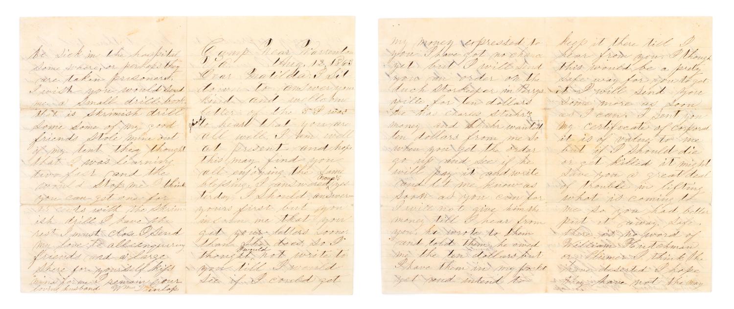 (CIVIL WAR) DUNLAP, WILLIAM. Archive of correspondence, 1863-1865, Gettysburg and Lincoln's death included.