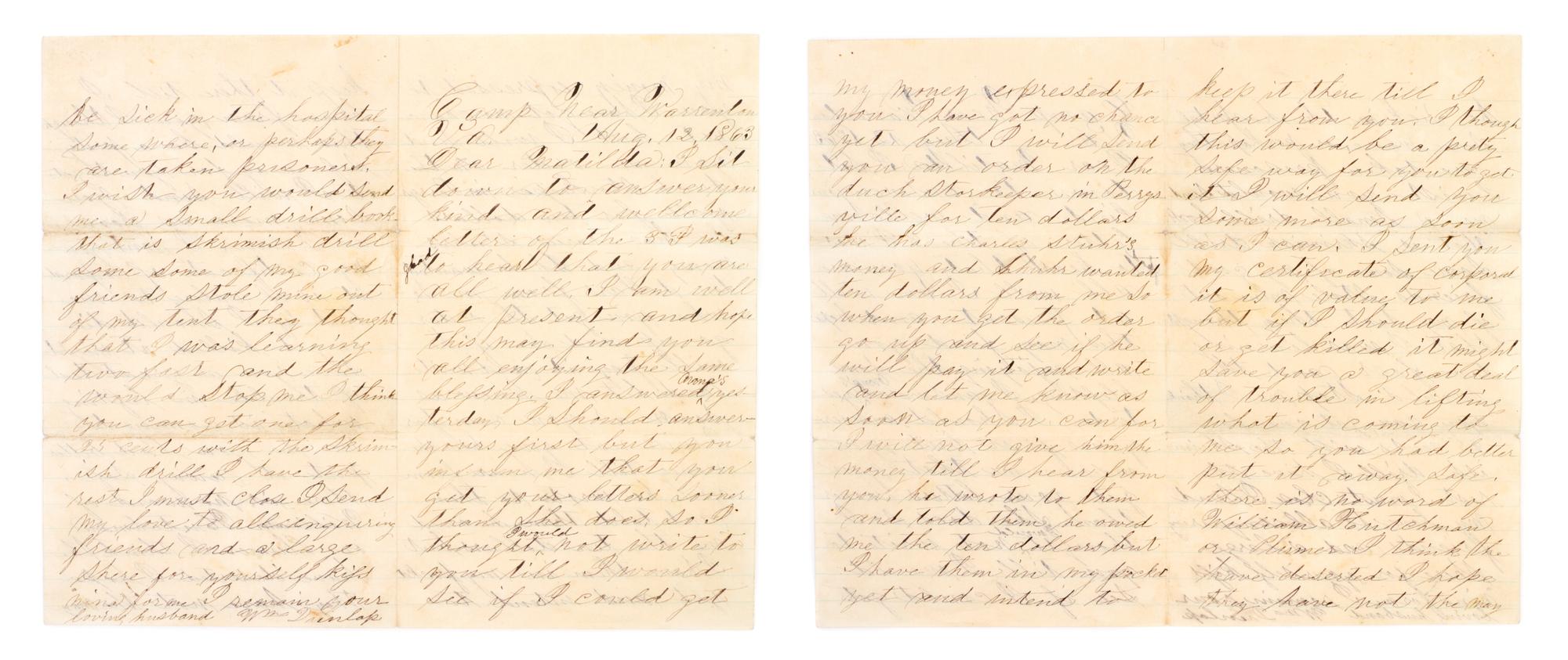 (CIVIL WAR) DUNLAP, WILLIAM. Archive of correspondence, 1863-1865, Gettysburg and Lincoln's death included.