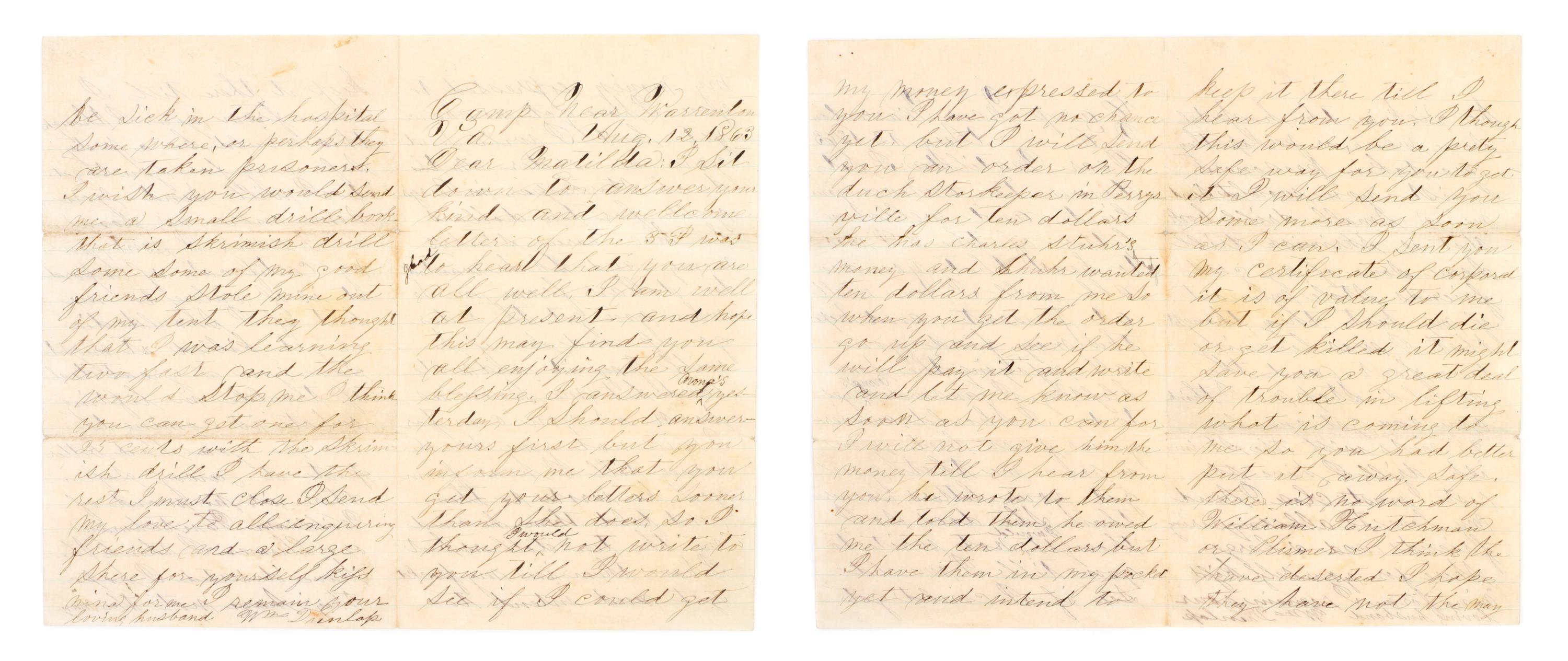 (CIVIL WAR) DUNLAP, WILLIAM. Archive of correspondence, 1863-1865, Gettysburg and Lincoln's death included.