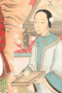 A Chinese Ink and Color on Paper Portrait of an Empress or Court Lady with Two Attendants