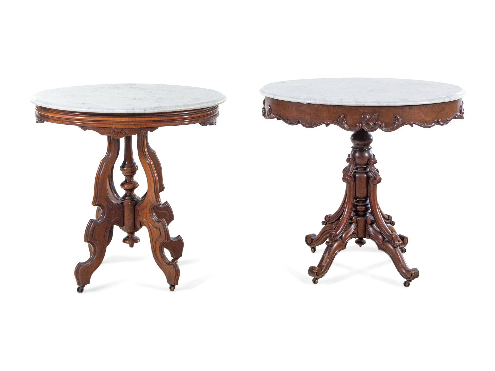 An Italian Walnut Marble-Top Side Table and a Victorian Walnut Marble-Top Side Table