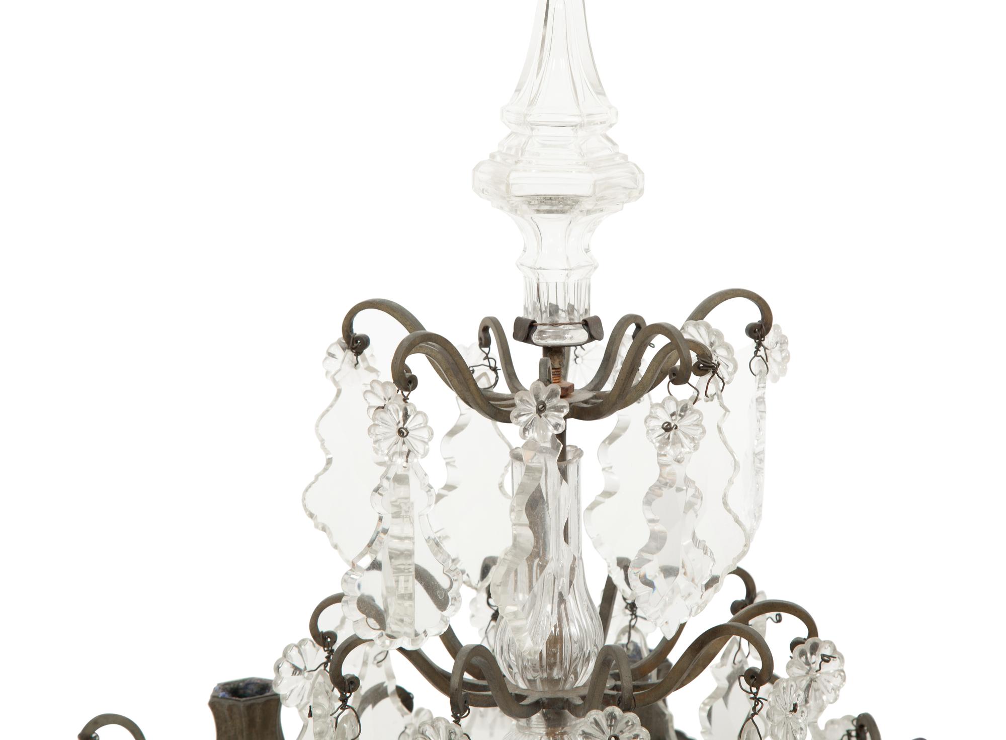 A Pair of French Bronze and Glass Five-Light Girandoles