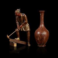 A small Japanese patinated bronze figure of a woodcutter and a mixed-metal vase Meiji period