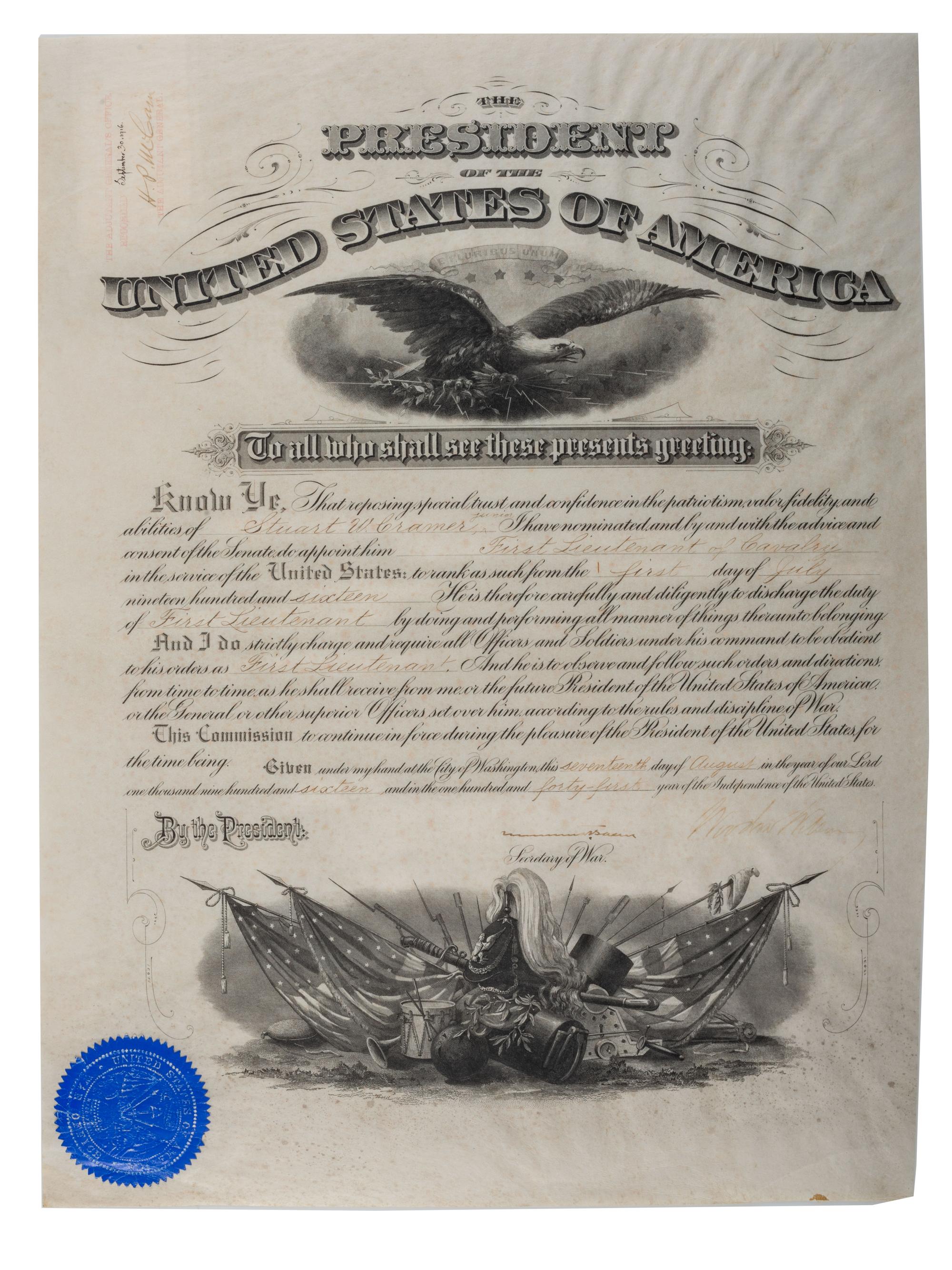 WILSON, Woodrow (1856-1924). A group of 3 items signed by Woodrow Wilson and Edith Bolling Wilson, highlighted by presidential signed appointment.