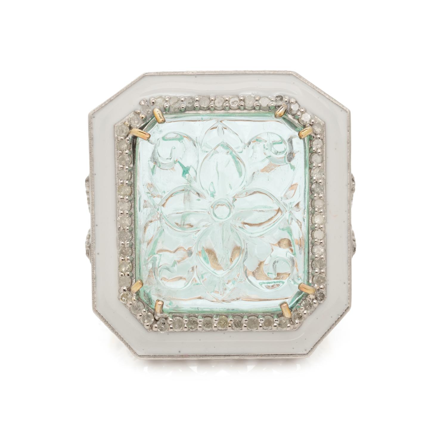 AQUAMARINE, DIAMOND AND ENAMEL RING