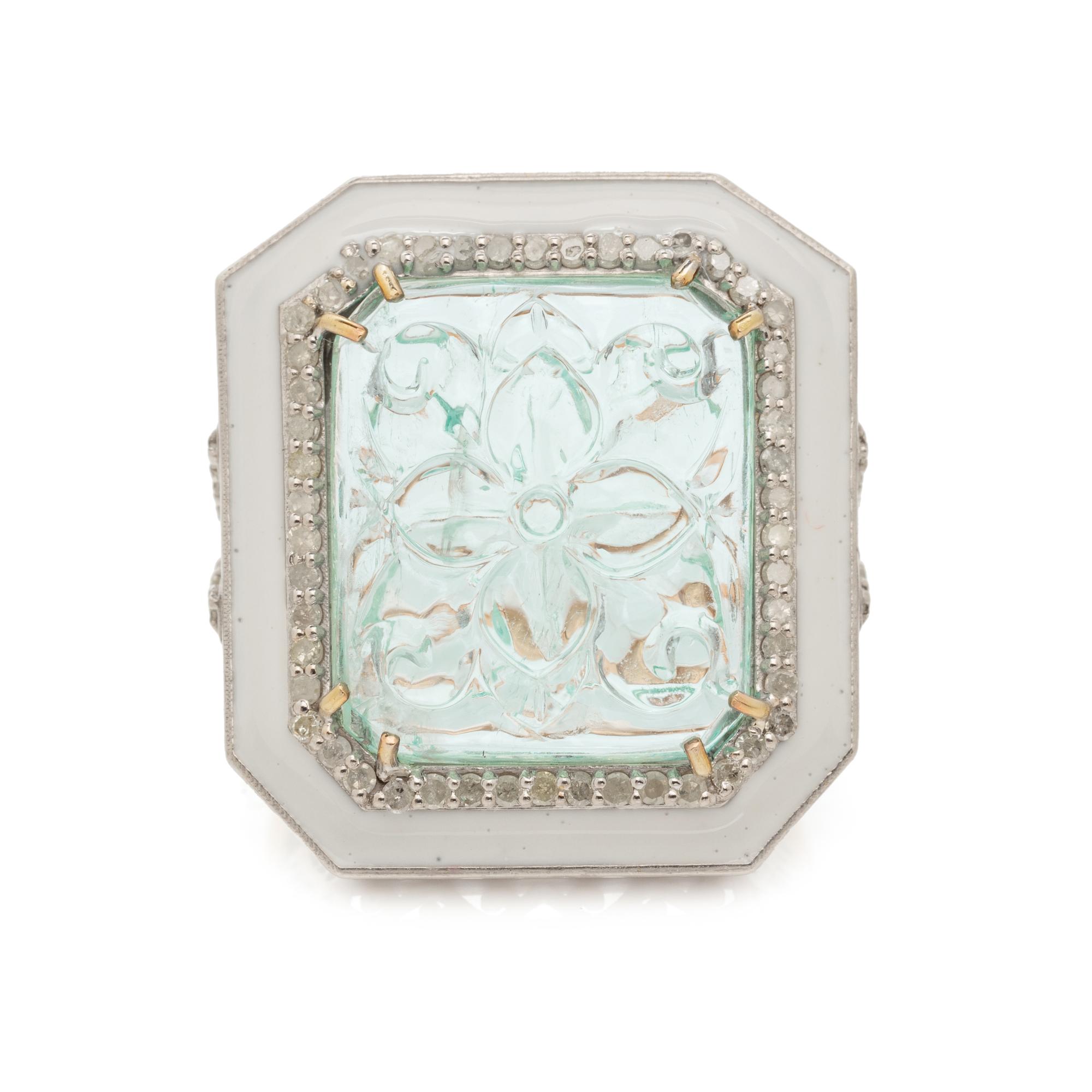 AQUAMARINE, DIAMOND AND ENAMEL RING