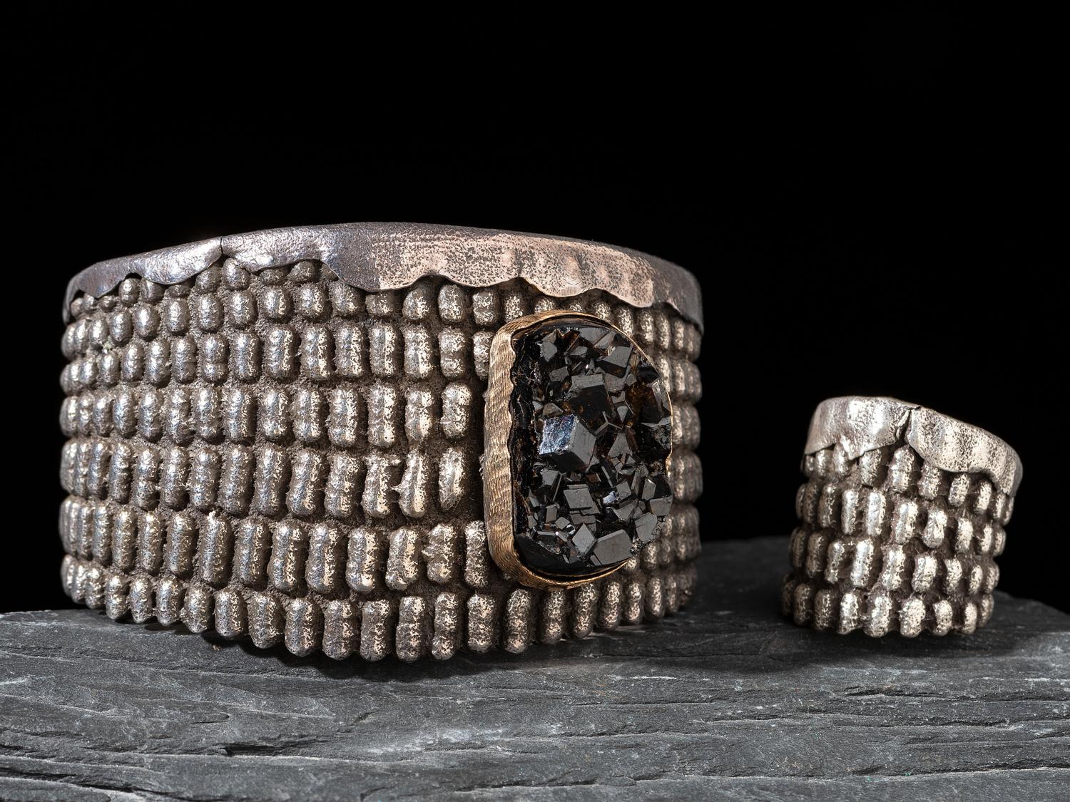 Matching Sterling Silver Corn Cob Cuff Bracelet and Ring, 2003